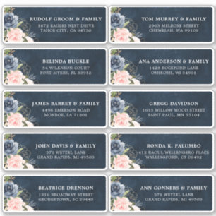 Navy Blue Blush Pink Floral Wedding Guest Address Sticker