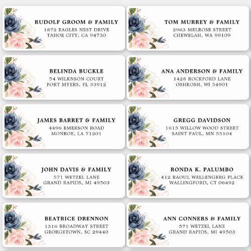 Navy Blue Blush Pink Floral Wedding Guest Address Sticker