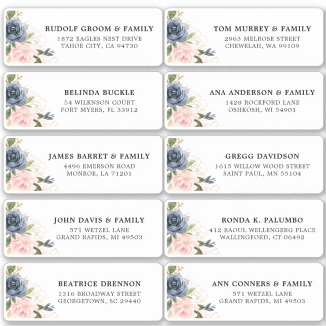 Navy Blue Blush Pink Floral Wedding Guest Address Sticker (Front)