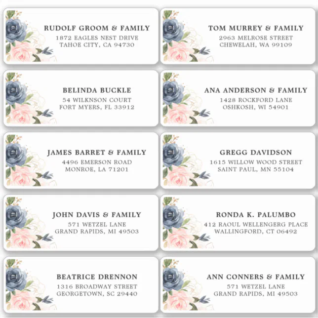 Navy Blue Blush Pink Floral Wedding Guest Address Sticker 