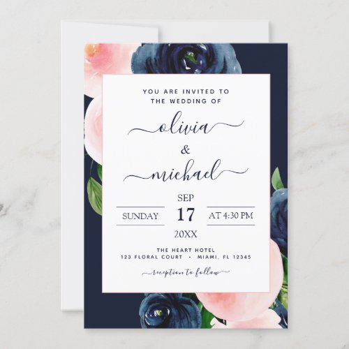 Navy Blue Blush Pink Floral Wedding Invitation