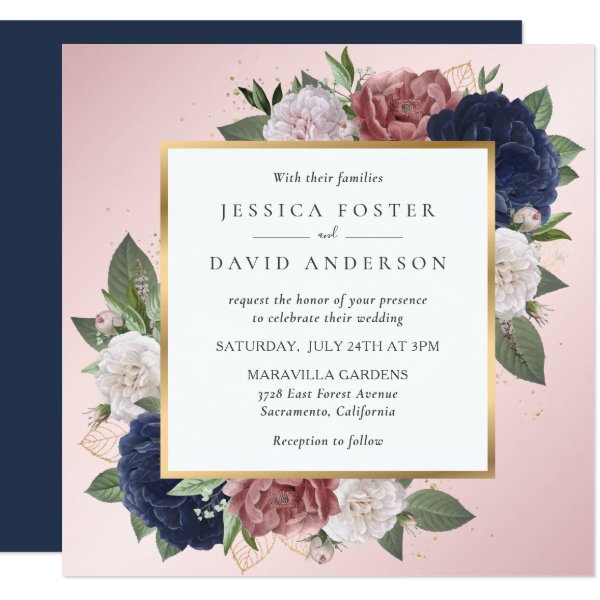 Navy Blue Blush Pink Floral Wedding Invitations
