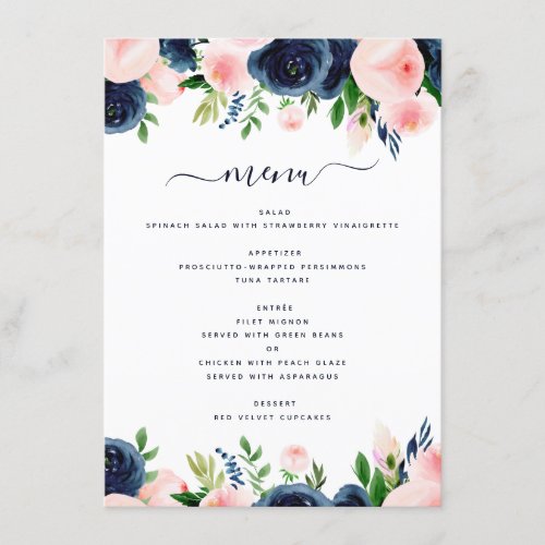 Navy Blue Blush Pink Floral Wedding Menu