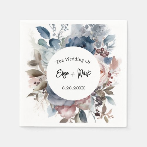 Navy Blue Blush Pink Floral Wedding Napkins