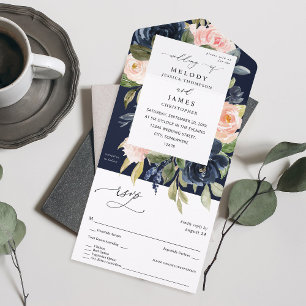 Navy Blue & Blush Pink Floral Wedding - Navy All In One Invitation