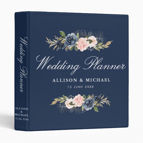 Navy blue blush pink floral wedding planner 3 ring binder