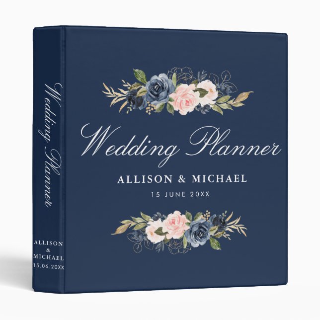 Navy blue blush pink floral wedding planner 3 ring binder (Front/Spine)