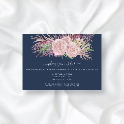 Navy Blue Blush Pink Floral Wedding Reception Enclosure Card