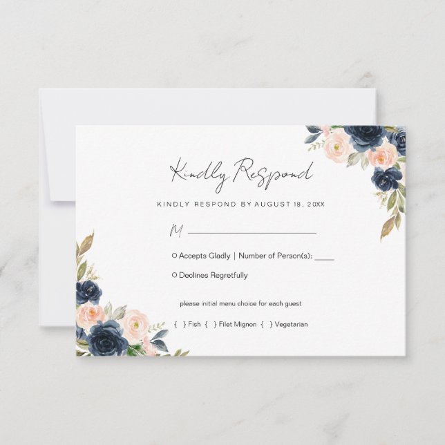 Navy Blue & Blush Pink Floral Wedding RSVP (Front)