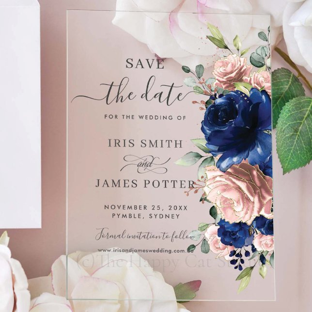 Navy Blue Blush Pink Floral Wedding Save the Date (Creator Uploaded)