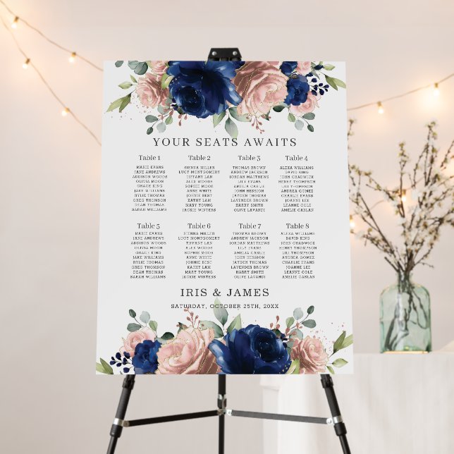 Navy Blue Blush Pink Floral Wedding Seating Chart Foam Board (In Situ (Stand))