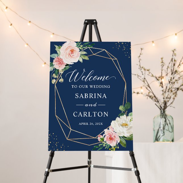 Navy Blue Blush Pink Floral Wedding Sign Foam (In Situ (Stand))