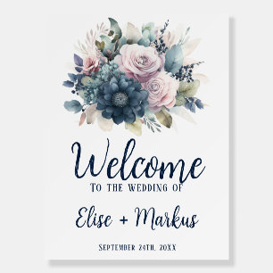 Navy Blue Blush Pink Floral Wedding Welcome Sign