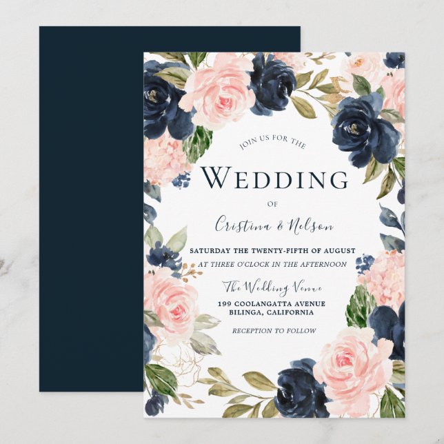 Navy Blue Blush Pink Floral Wreath Wedding Invitation (Front/Back)