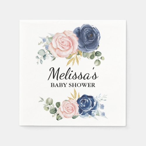 Navy blue blush pink florals custom party napkins