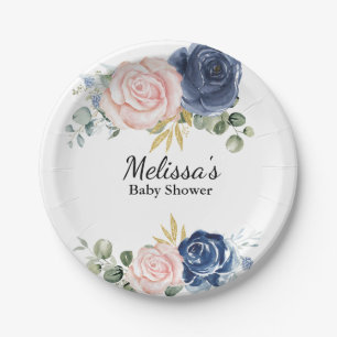Navy blue blush pink florals dessert paper plates