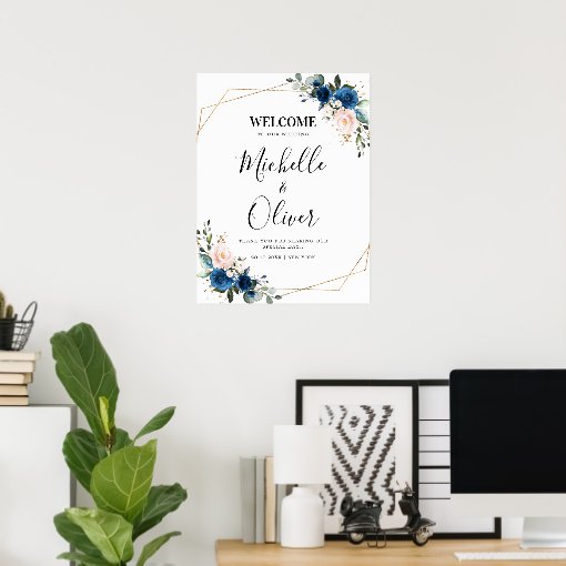 Navy Blue Blush Pink Florals Wedding Poster Zazzle