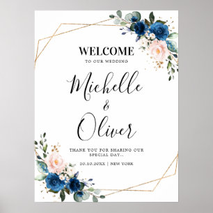 Navy Blue Blush Pink Florals Wedding Welcome Poster