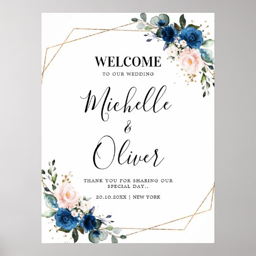 Navy Blue Blush Pink Florals Wedding Welcome Poster