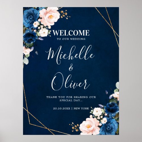 Navy Blue Blush Pink Florals Wedding Welcome Poster
