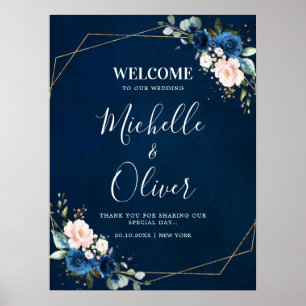 Navy Blue Blush Pink Florals Wedding Welcome Poster
