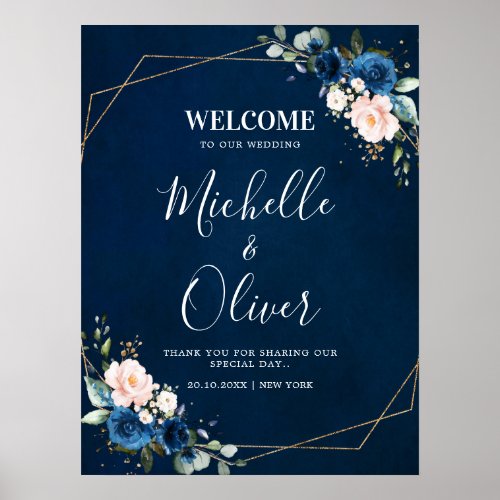 Navy Blue Blush Pink Florals Wedding Welcome Poster