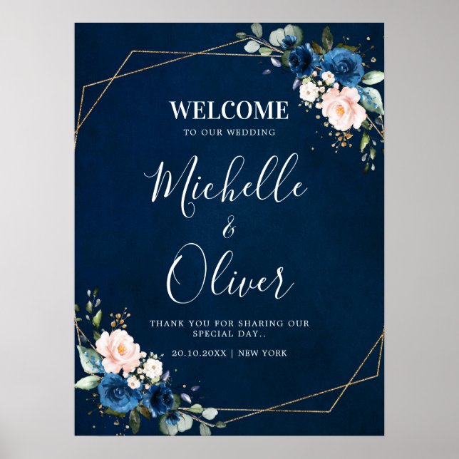 Navy Blue Blush Pink Florals Wedding Welcome Poster (Front)