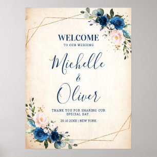 Navy Blue Blush Pink Florals Wedding Welcome Poster