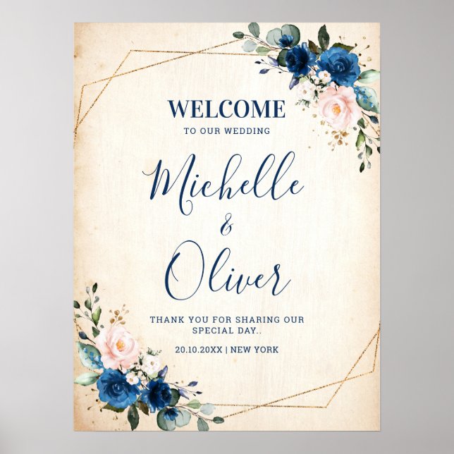 Navy Blue Blush Pink Florals Wedding Welcome Poster (Front)
