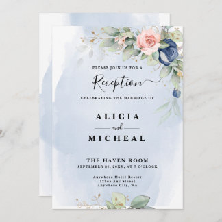 Navy Blue & Blush Pink Flower Wedding Reception Invitation