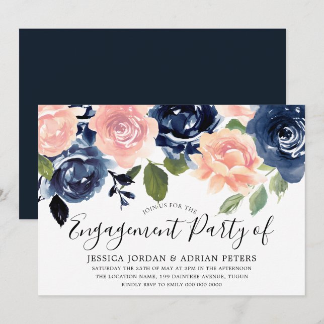 Navy Blue Blush Pink Flowers Engagement Party Invitation (Front/Back)