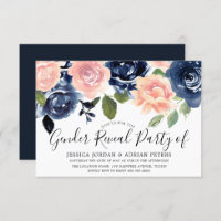 Navy Blue Blush Pink Flowers Gender Reveal Party Invitation