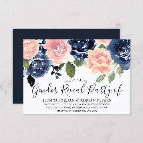 Navy Blue Blush Pink Flowers Gender Reveal Party Invitation