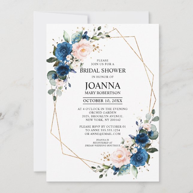 Navy Blue Blush Pink Geometric Bridal Shower Invitation (Front)
