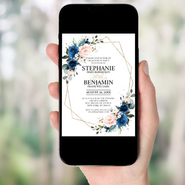 Navy Blue Blush Pink Geometric Engagement Party Invitation (Front Digital)