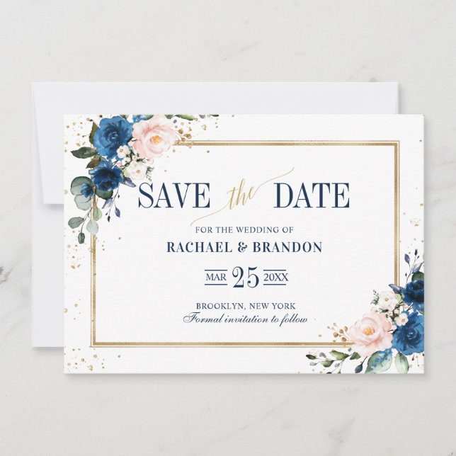 Navy Blue Blush Pink Geometric Save the date (Front)
