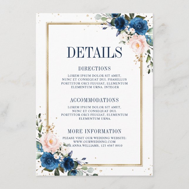 Navy Blue Blush Pink Geometric Wedding Details Enclosure Card (Front)