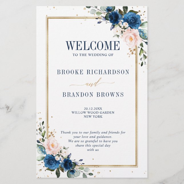 Navy Blue Blush Pink Geometric Wedding Program (Front)