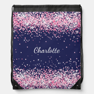 Navy blue blush pink glitter girl name drawstring bag
