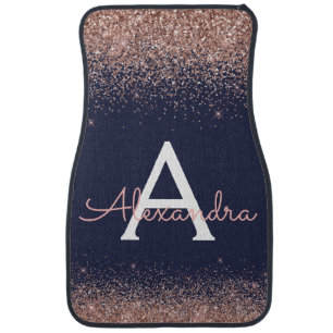 Navy Blue Blush Pink Glitter Sparkle Monogram Car Car Floor Mat