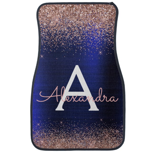 Navy Blue Blush Pink Glitter Sparkle Monogram Car  Car Floor Mat (Front)