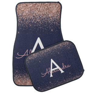Navy Blue Blush Pink Glitter Sparkle Monogram Car Floor Mat