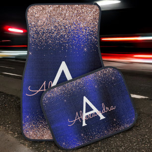 Navy Blue Blush Pink Glitter Sparkle Monogram Car Floor Mat