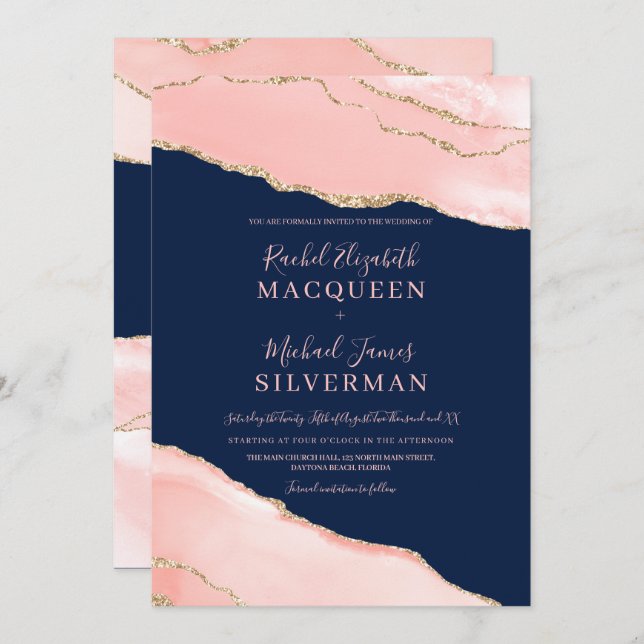 Navy Blue Blush Pink Gold Agate Marble Wedding Invitation (Front/Back)