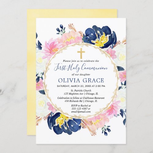 Navy blue blush pink gold floral first communion invitation