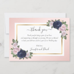 Navy Blue Blush Pink Gold Floral Thank You Card