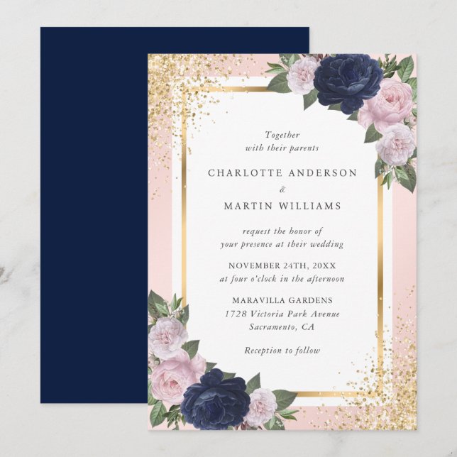 Navy Blue Blush Pink Gold Floral Wedding Invitation (Front/Back)