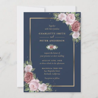 Navy Blue Blush Pink Gold Floral Wedding Invitation
