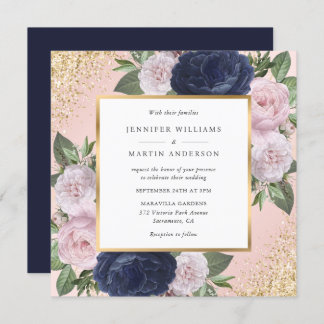 Navy Blue Blush Pink Gold Floral Wedding Invitation