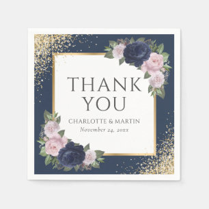 Navy Blue Blush Pink Gold Floral Wedding Napkins